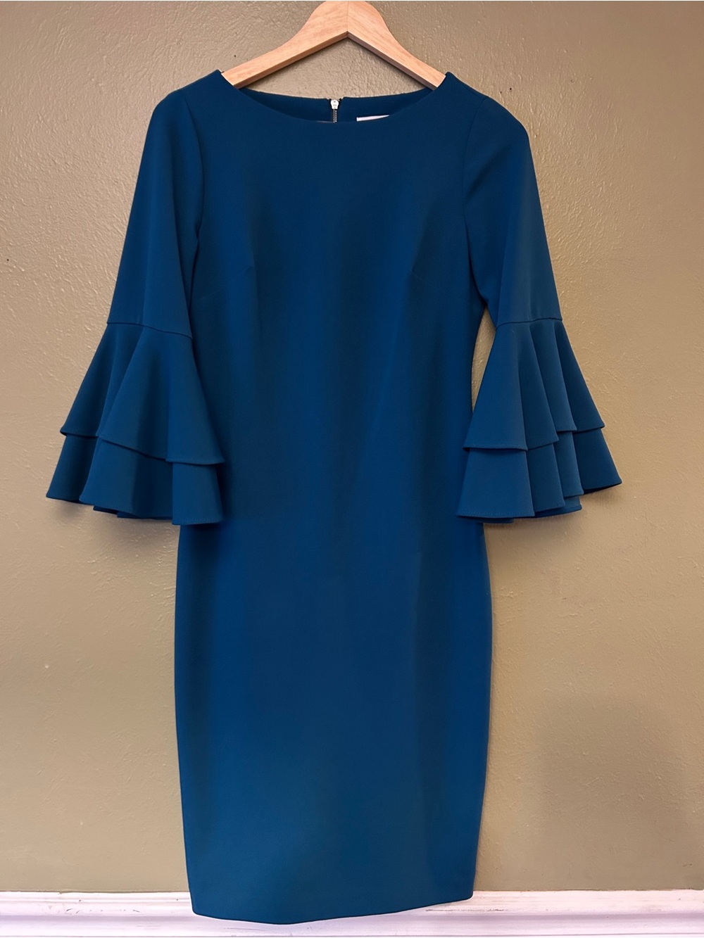 Calvin Klein Teal Blue Ruffle-Sleeve Sheath Dress